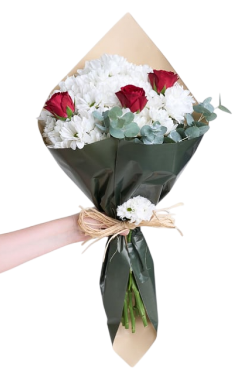 Bukette 3 Kırmızı Gül ve Papatya