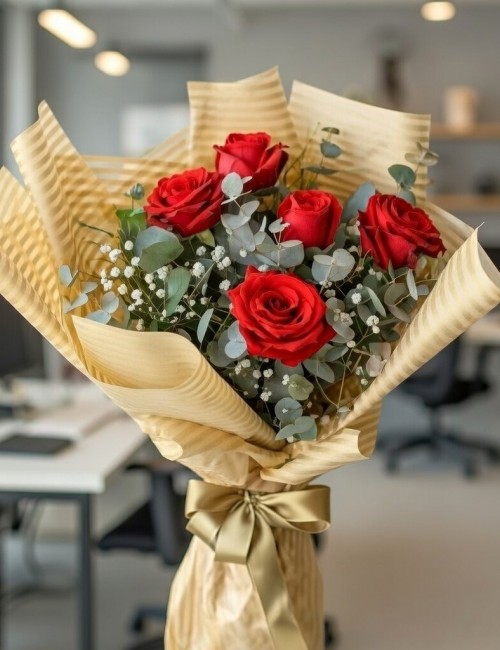 5 Kırmızı Gül Buketi – Tutku ve Sadeliğin En Zarif İfadesi 