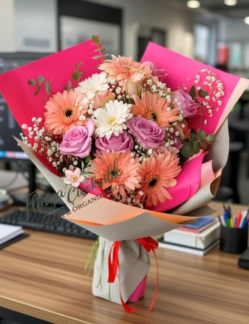 Renkli Pembe Gerbera Buketi – Neşe ve Sevgi Dolu Zarif Hediye