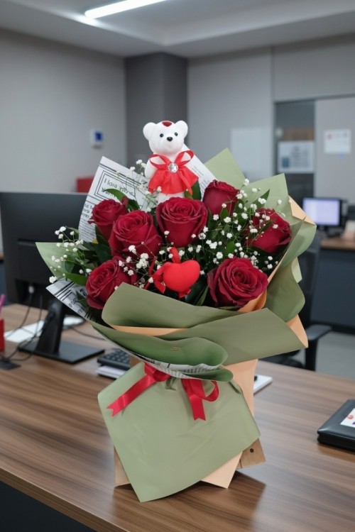 7 Kırmızı Gül Buketi – Sevimli Ayıcık ve Kalp Çubuklu Romantik Hediye