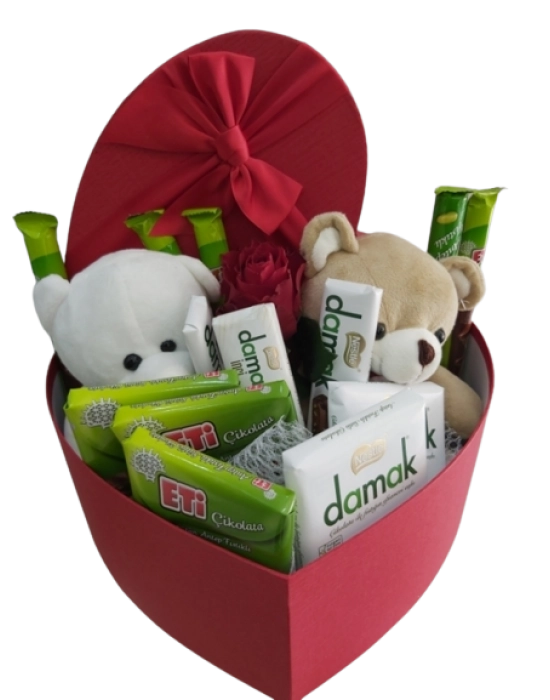 Kalp Kutuda Ayıcık Çikolata ve Gül