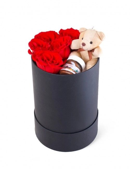Siyah Silindir Kutuda Ayıcıklı Nutellalı Kırmızı Gül