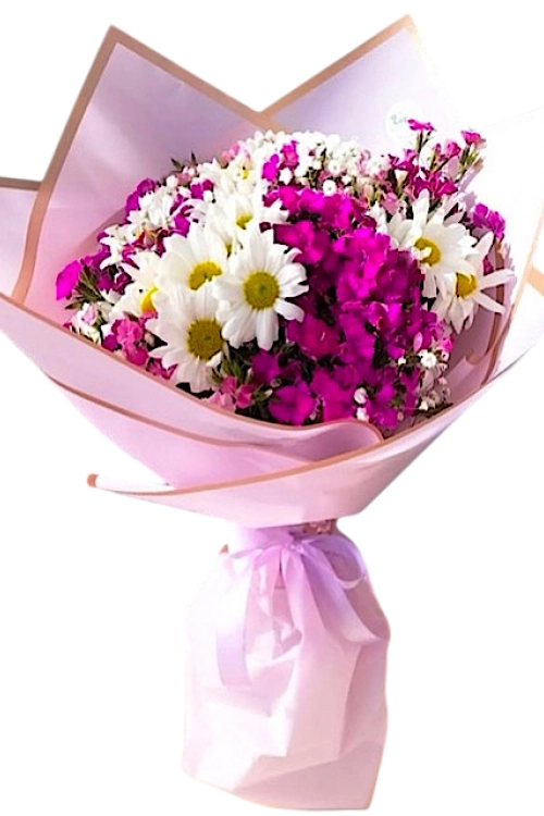 Pembe Bukette Papatya ve Bahar Çiçekleri