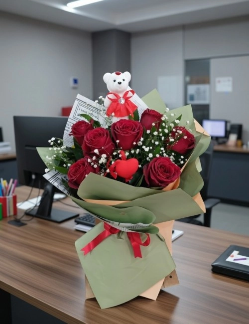 7 Kırmızı Gül Buketi – Sevimli Ayıcık ve Kalp Çubuklu Romantik Hediye