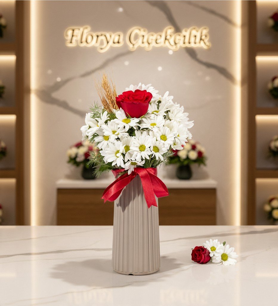 Aşkın Saflığı Kırmızı Gül ve Beyaz Papatya Vazo Aranjmanı