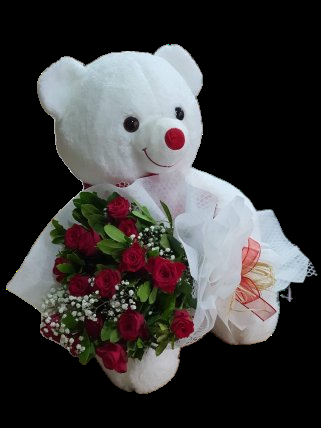 Sevimli Beyaz Peluş Ayılı Kırmızı Gül Buketi