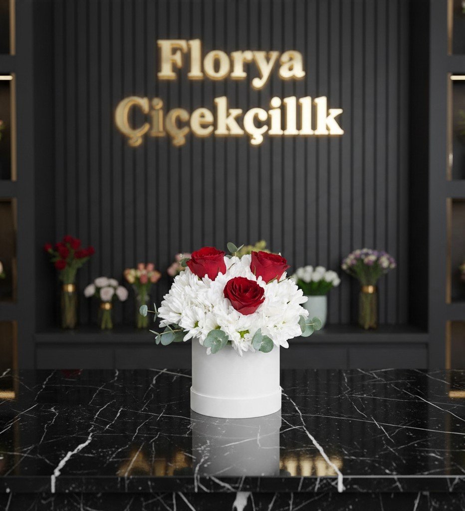 Zarafet Simgesi Kutuda Kırmızı Gül ve Beyaz Krizantem Aranjmanı