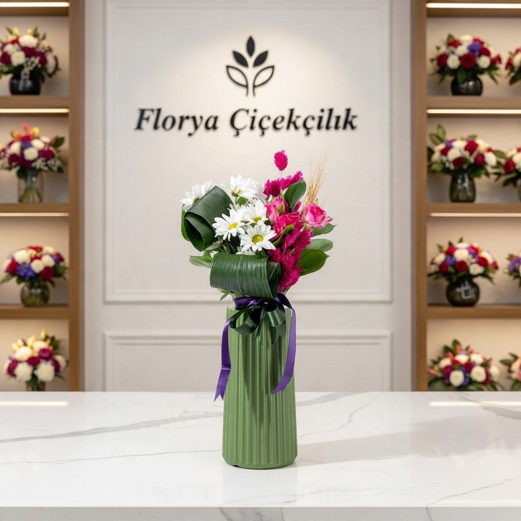 Yeşil Seramik Vazoda Papatya ve Fuşya Aranjmanı