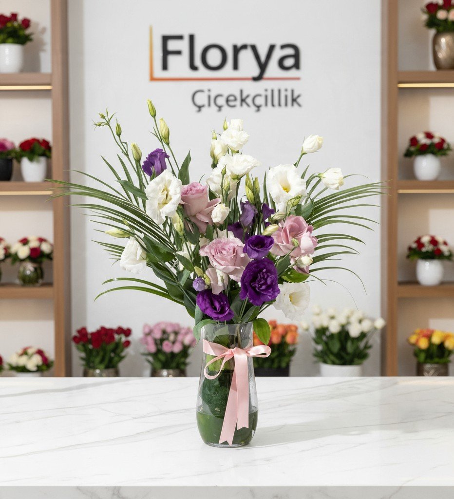 Zarafet Esintisi Vazoda Gül ve Lisianthus Aranjmanı