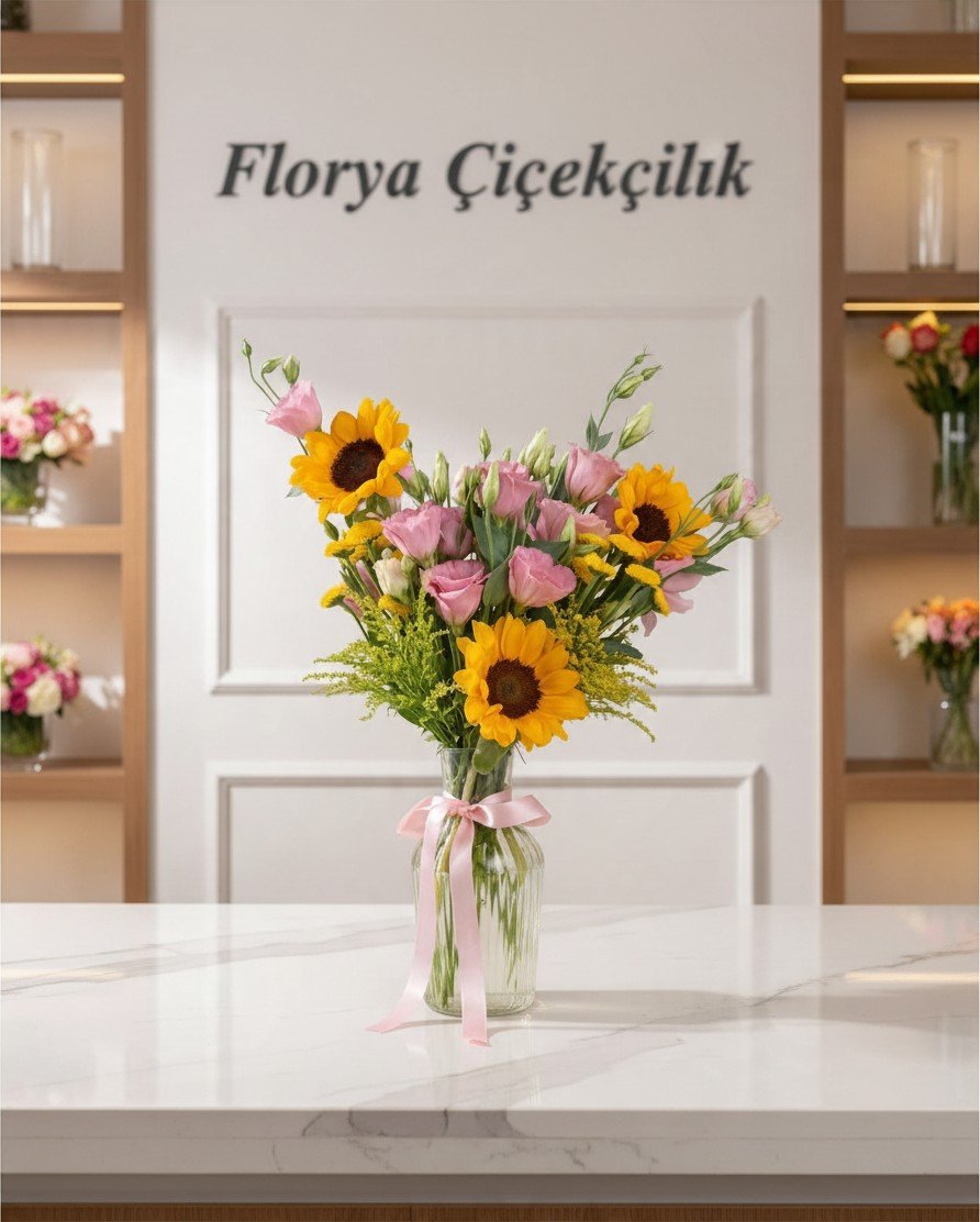 Güneşin Neşesi Ayçiçeği & Pembe Lisianthus Vazo Aranjmanı