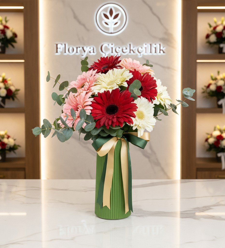 Zarafetin Dansı Yeşil Vazoda Renkli Gerbera Aranjmanı
