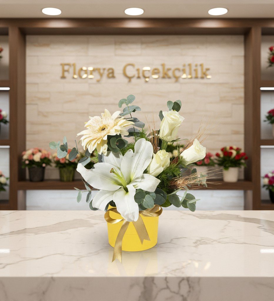 Sarı Saksıda Beyaz Lilyum ve Gül Aranjmanı