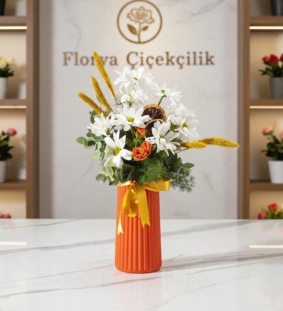 Turuncu Vazoda Beyaz Papatya ve Minik Gül Aranjmanı
