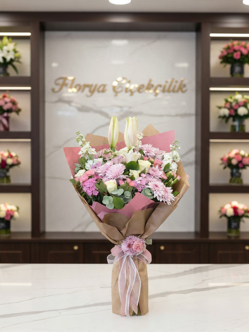 Zarafet Esintisi Pembe Lilyum ve Gül Kır Çiçekleri Buketi