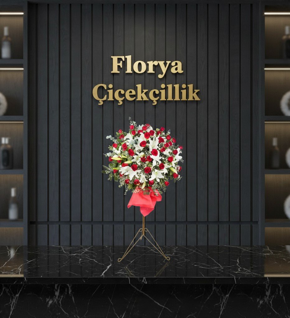 Kırmızı Gül ve Beyaz Lilyumlu Şık Ferforje Çiçek Aranjmanı