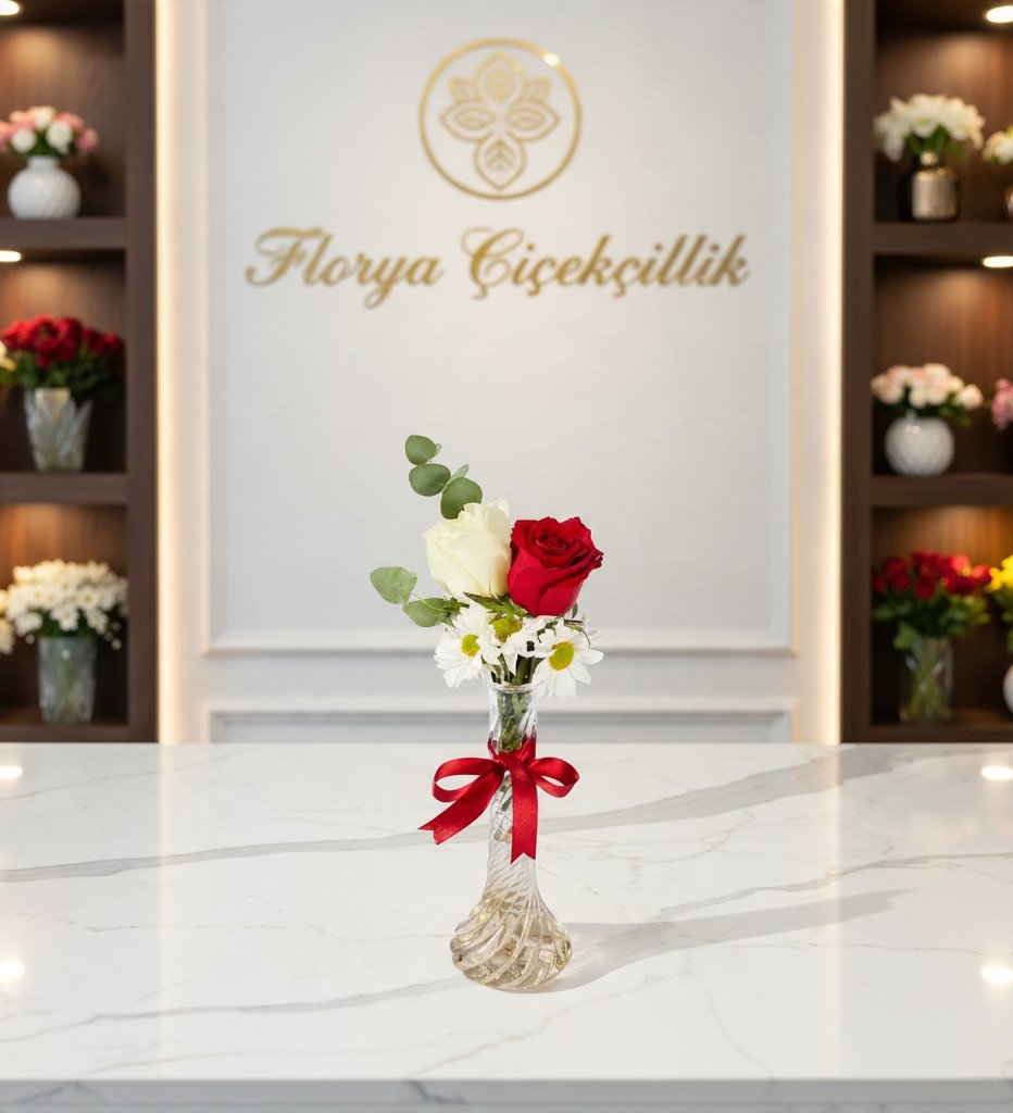 Kırmızı ve Beyaz Gül Zarif Cam Vazo Aranjmanı