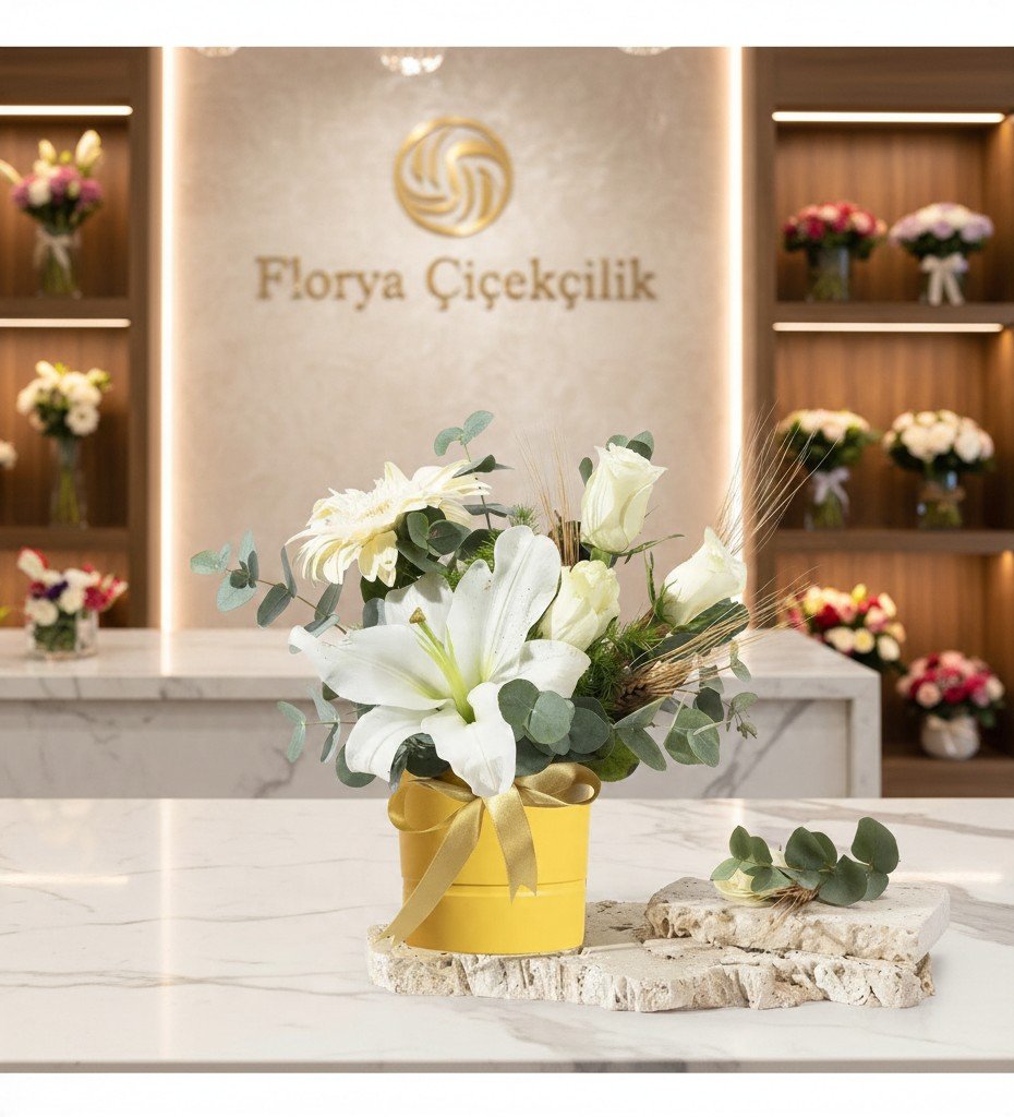 Sarı Saksıda Beyaz Lilyum ve Gül Aranjmanı
