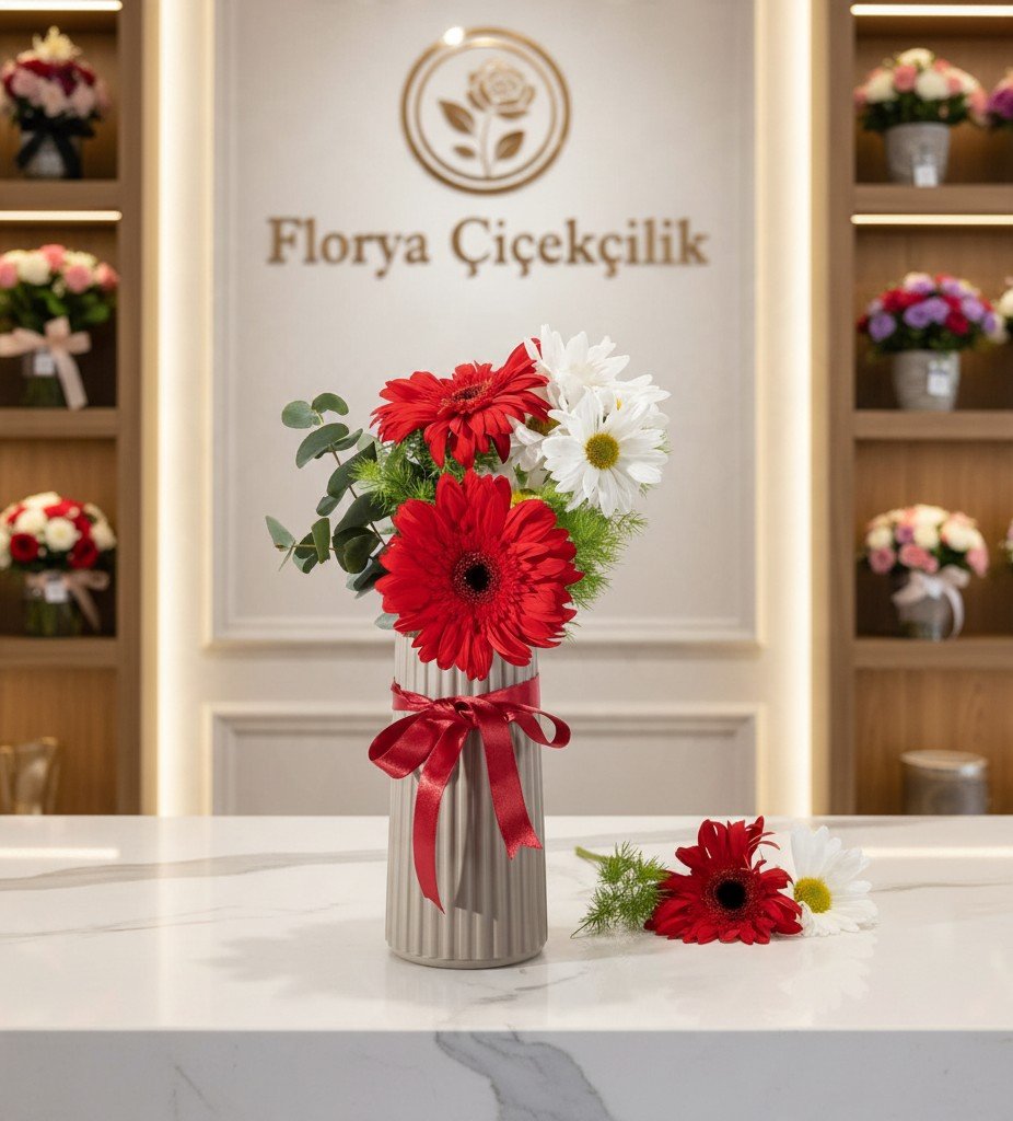 Aşk Kırmızısı Gerbera ve Saf Papatya Vazo Aranjmanı