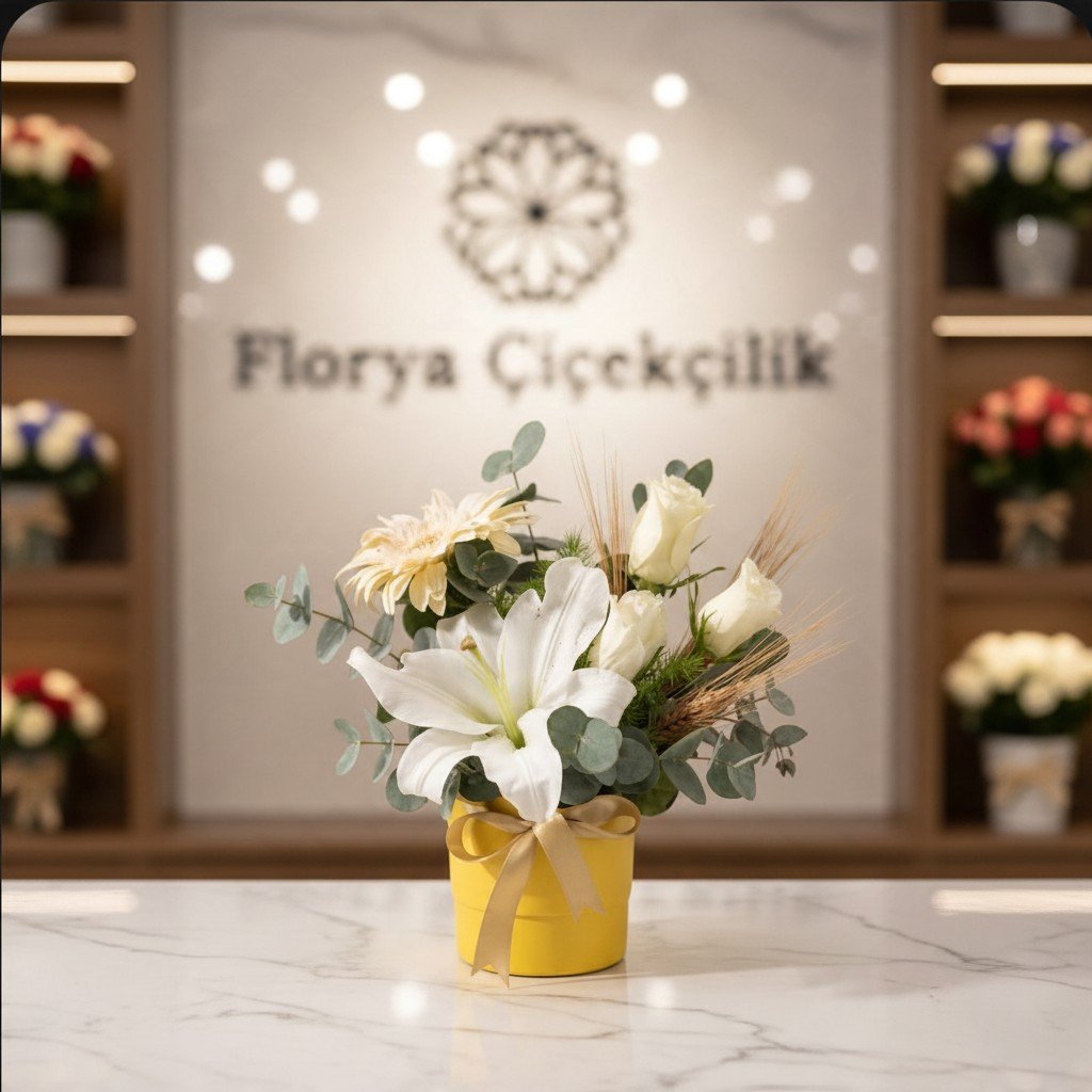 Sarı Saksıda Beyaz Lilyum ve Gül Aranjmanı