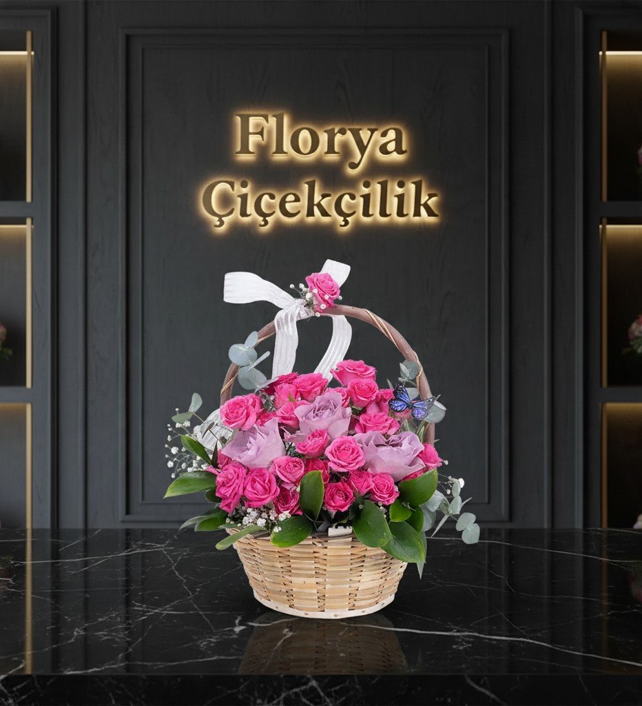 Pembe Düşler Hasır Sepette Gül Aranjmanı