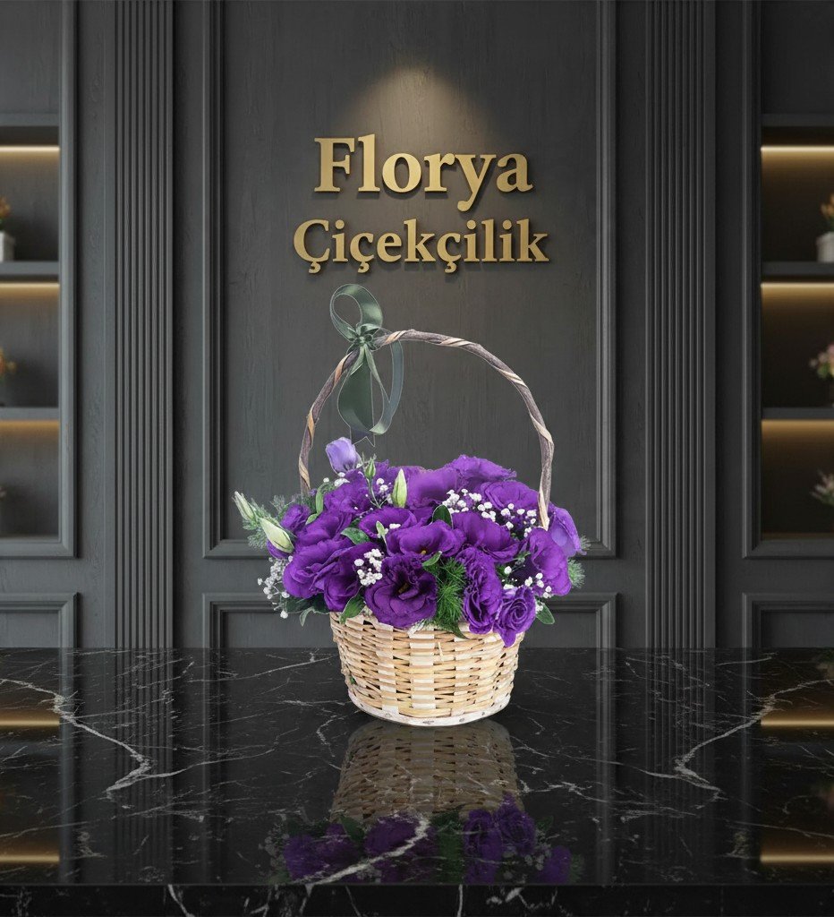 Asil Mor Lisianthus Zarafeti Hasır Sepet Aranjmanı